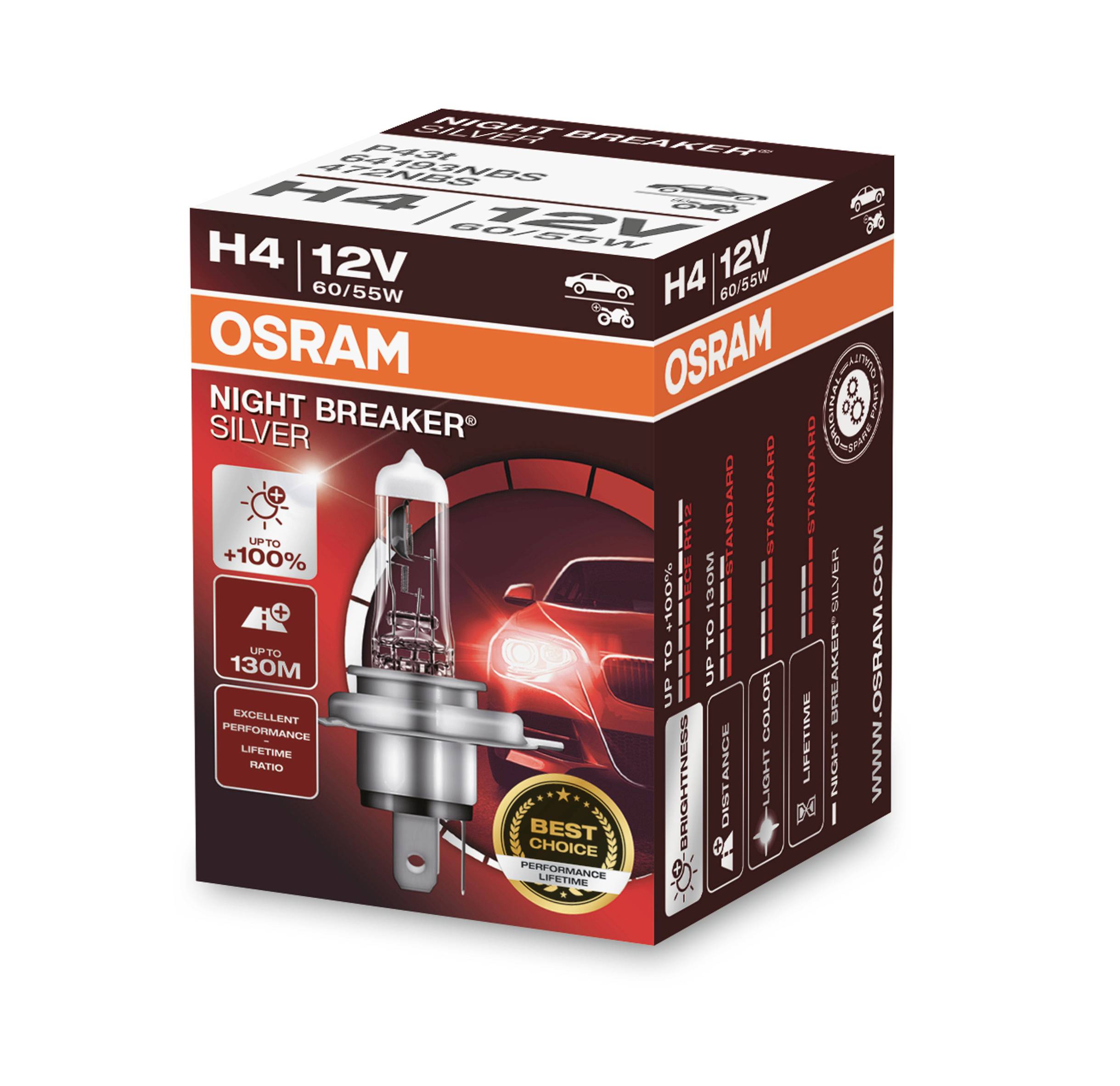 OSRAM NIGHT BREAKER SILVER H4 Avtomobilska žarnica z izboljšano svetlobno zmogljivostjo, pakirana v črni in oranžni embalaži, prikazuje žarnico in avtomobil.