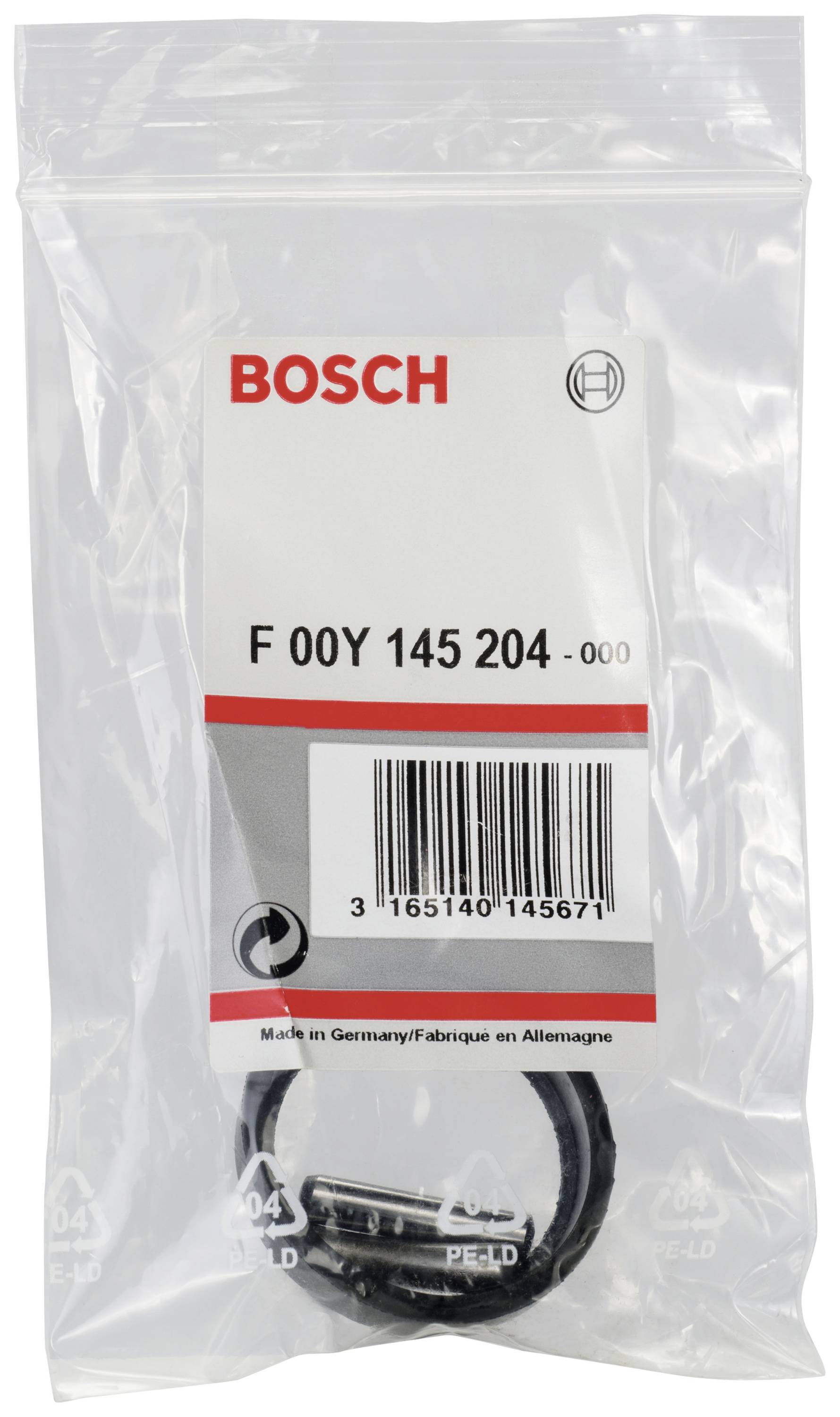 Zapakirani nadomestni del Bosch z napisom 'F 00Y 145 204 -000', črtno kodo in oznako 'Made in Germany/Fabriqué en Allemagne'.