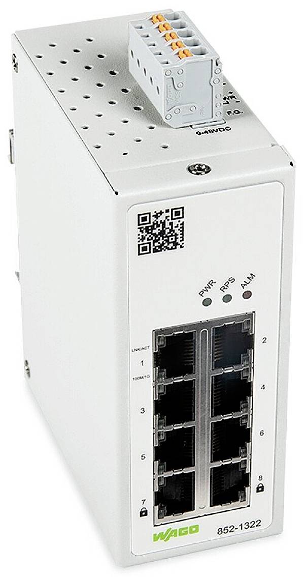 Industrijski Ethernet stikalo z osmimi RJ45 vrati. Na sprednji strani so statusne LED-lučke za napajanje, povezavo in alarm. Zgoraj je priključek za žično povezavo.