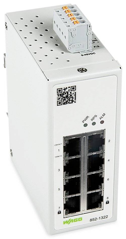 Bel Ethernet stikalo z osmimi vrati, LED indikatorji za napajanje, hitrost in alarm ter QR kodo na zgornji strani.