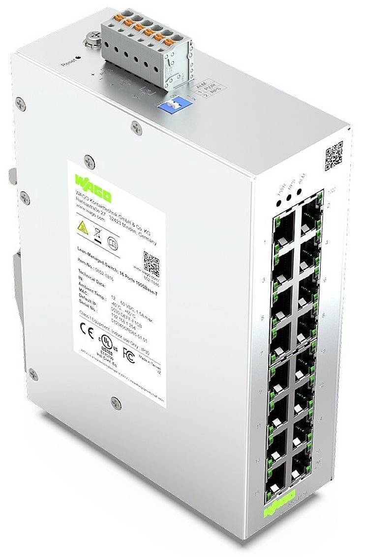 Mrežno stikalo z več ethernet vrati, srebrno ohišje, zgoraj oranžen priključni blok.