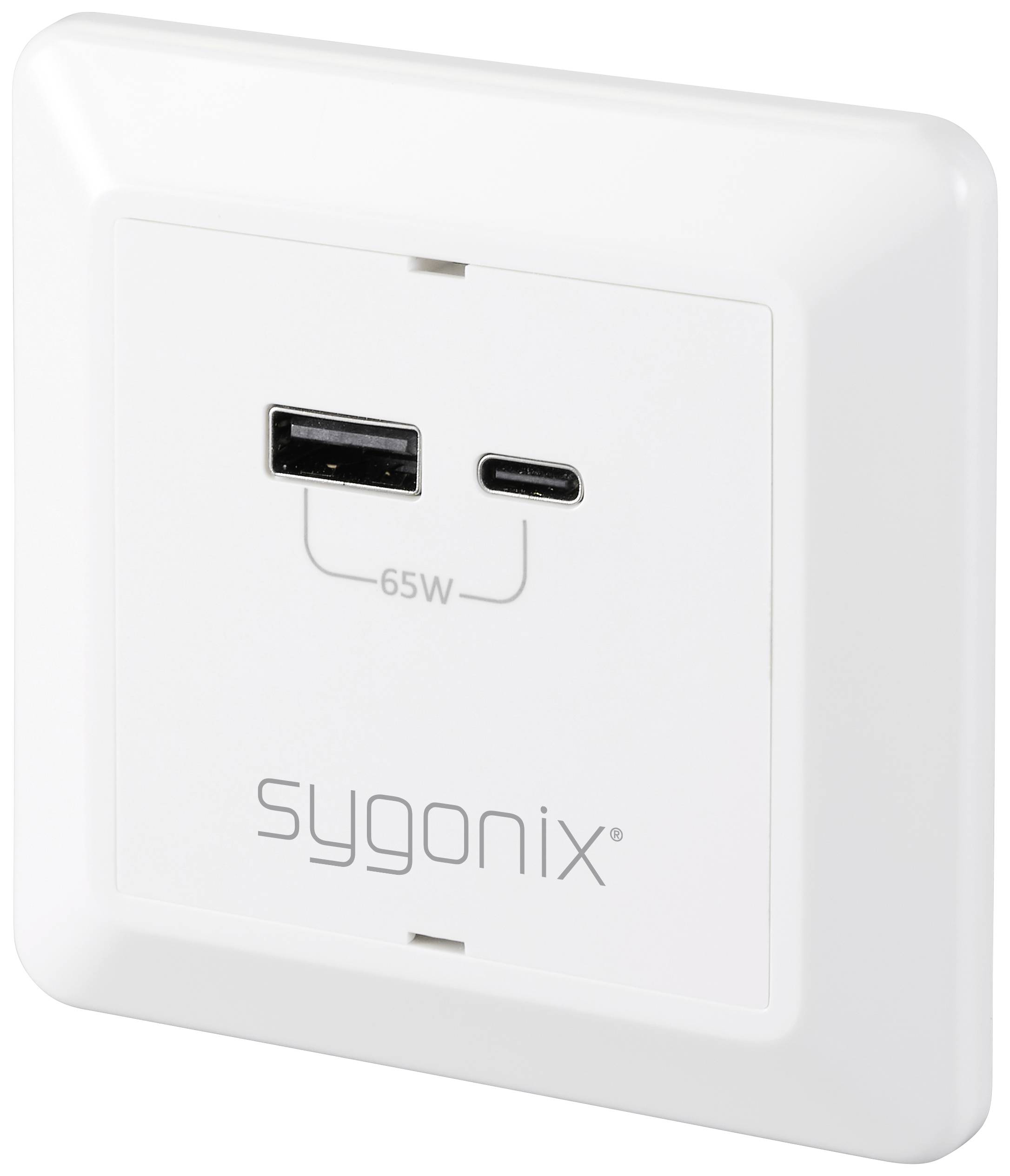 Bela vtičnica z USB-A in USB-C priključkoma, označena z '65W', znamke 'sygonix'.