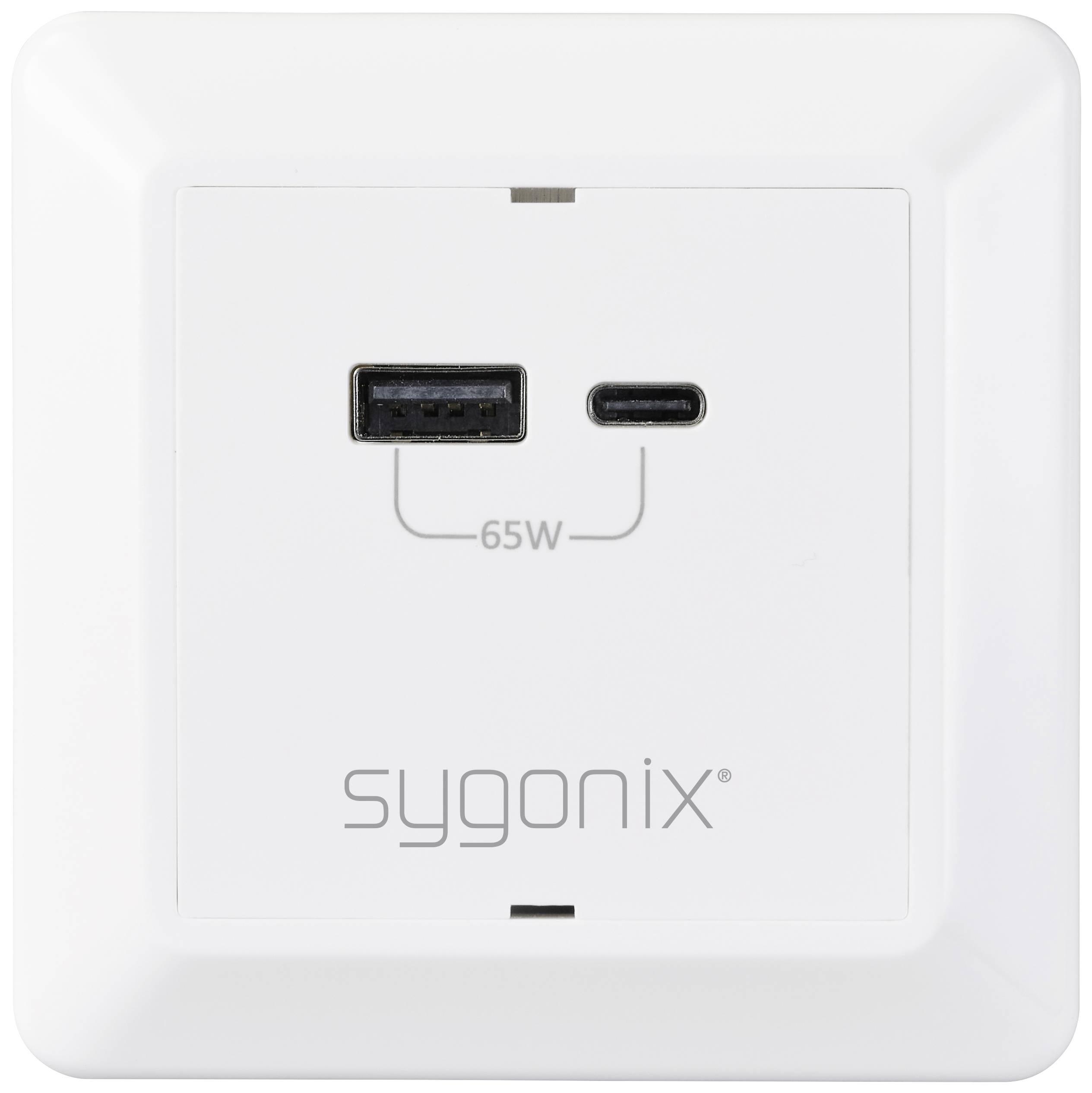 Bela vtičnica z oznako znamke 'sygonix' z USB-A in USB-C priključkoma, označena z '65W'.