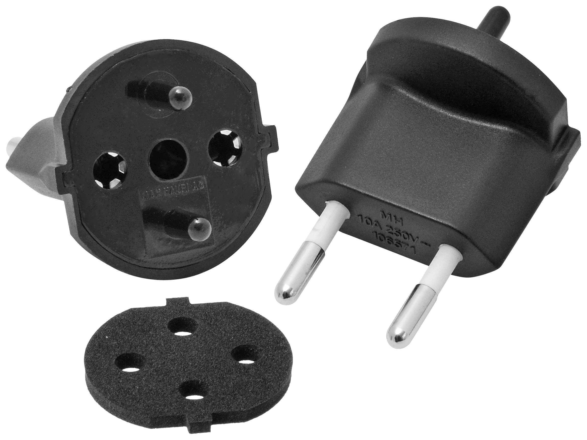 Adapter za vtič, evropski tip, črne barve, prikazuje sprednjo in zadnjo stran. Adapter omogoča električne povezave v različnih vtičnicah.