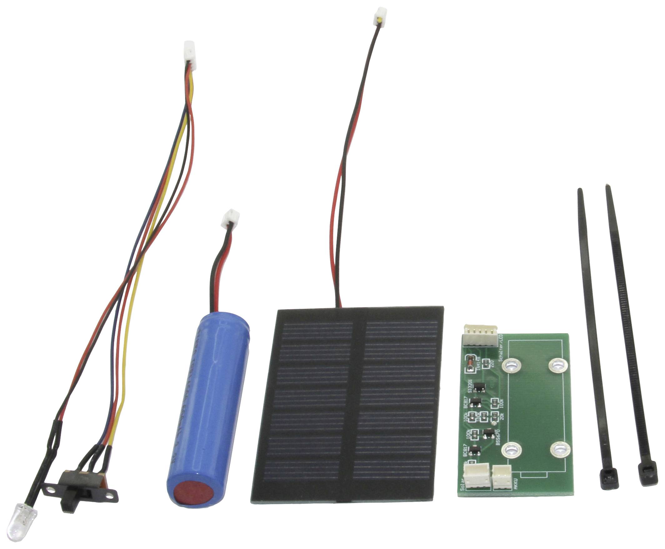 Solarni komplet s solarnim panelom, baterijo, elektronskim vezjem in kabli za napajanje naprav. Vključuje tudi kabelske vezice.