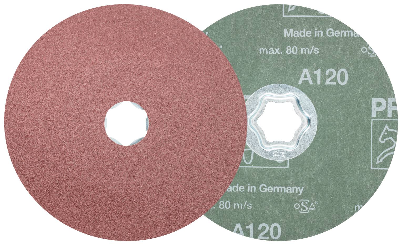 Dva brusilna kolesa, eno z rdečkasto površino, drugo z napisom 'Made in Germany' in 'A120'.