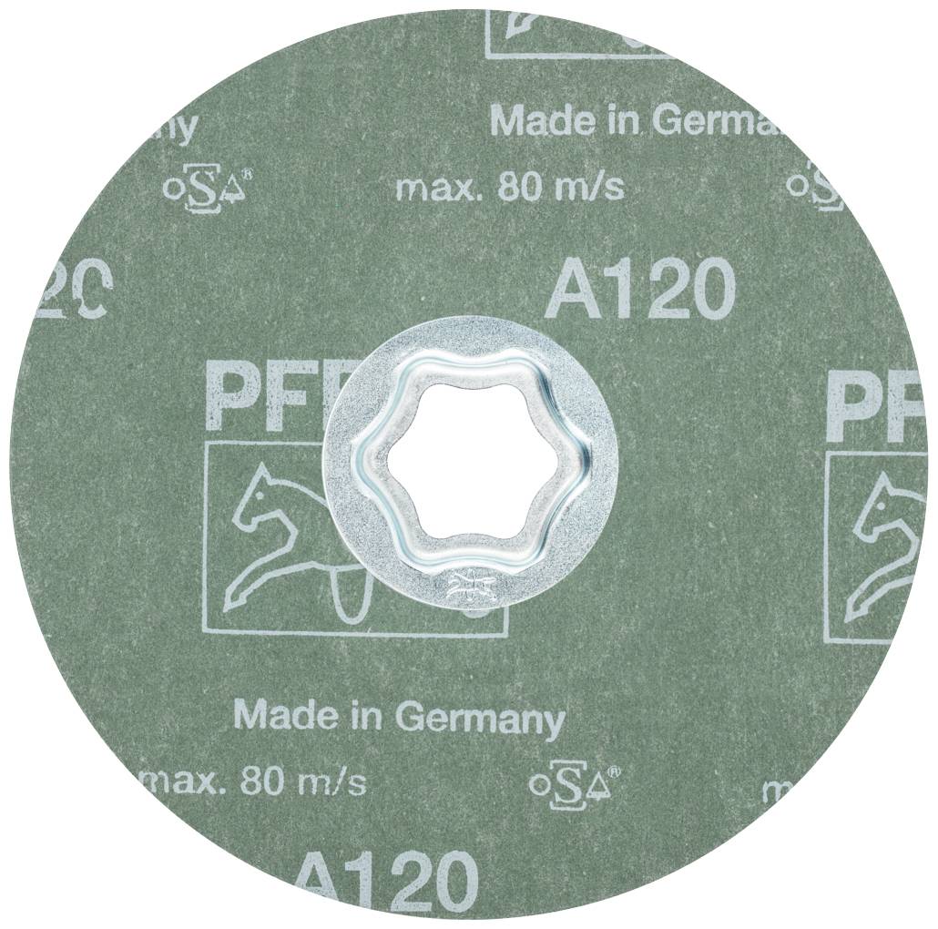 Brusilna plošča z oznako 'A120', 'Made in Germany', maksimalna hitrost '80 m/s'. Logotip podjetja in znak kakovosti sta vidna.
