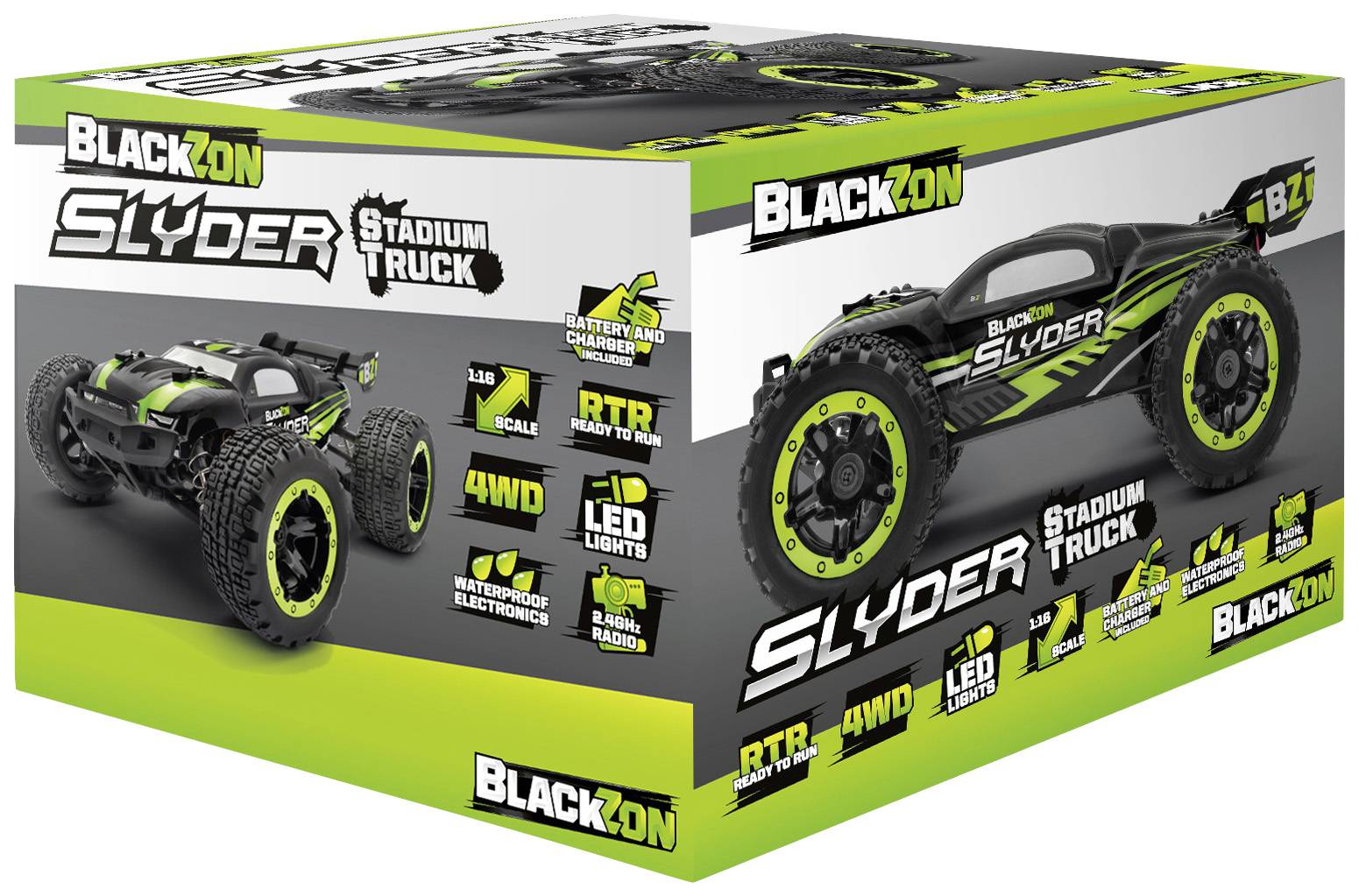 Daljinsko upravljano modelno vozilo 'Blackzon Slyder Stadium Truck' v embalaži. Vsebuje podrobnosti o funkcijah, kot so štirikolesni pogon, LED-luči in vodoodpornost.