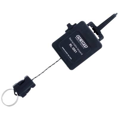 Črn zložljiv obesek za ključe z vrvico in obročkom za ključe. Označen z 'ecom Retractable Lanyard RL ID 01'.