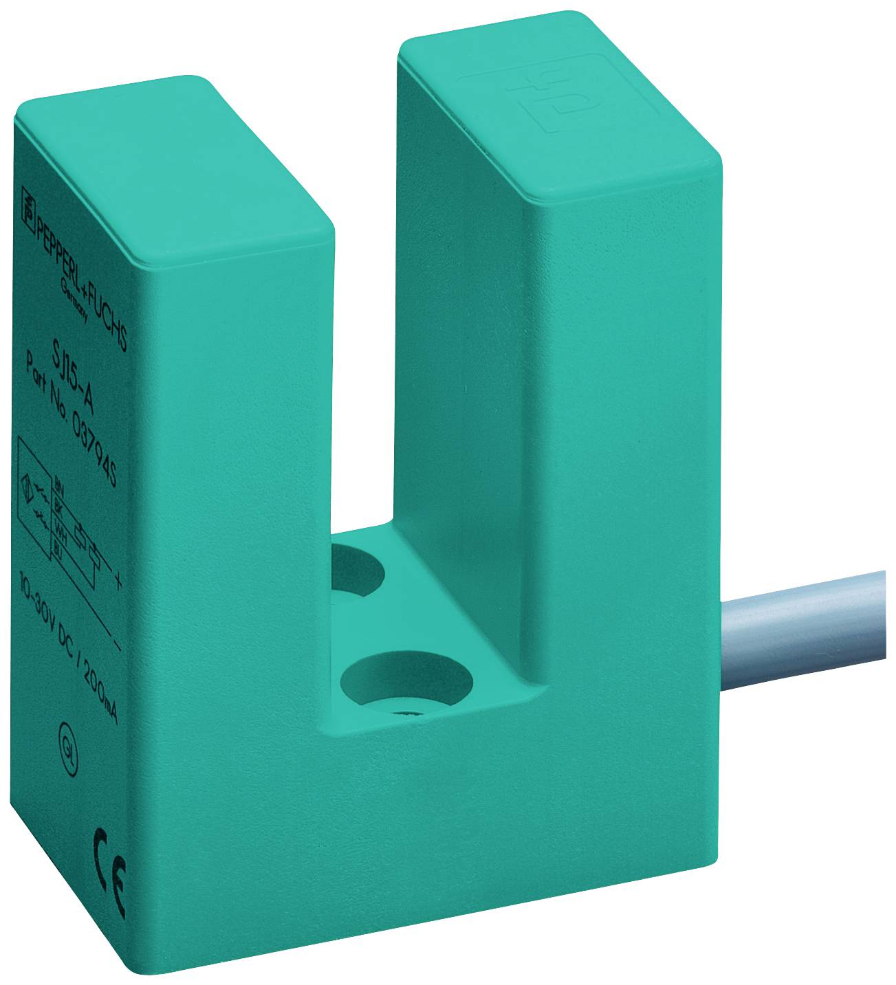 Zeleni U-oblikovani senzorski korpus s kabelskim priključkom, verjetno približevalni senzor, primeren za industrijske aplikacije.