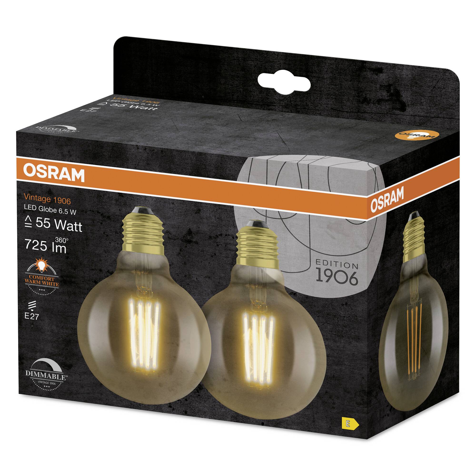 'Osram Vintage 1906 LED-žarnica 55 vatov, E27, zatemnljiva. Pakiranje z dvema žaroma. V ospredju energetska učinkovitost in eleganten dizajn.'