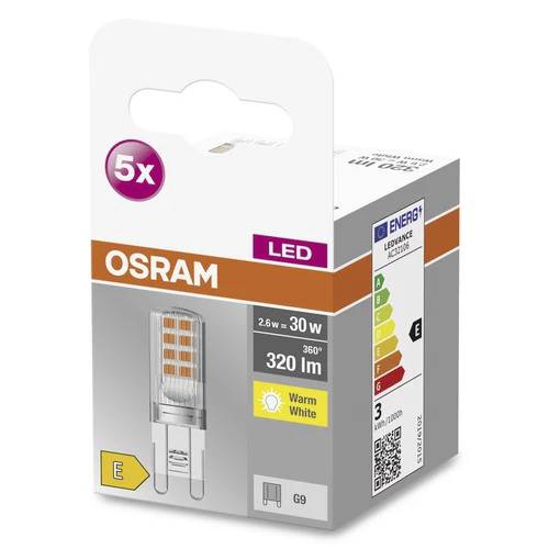 'Embalaža OSRAM LED-žarnice, 2,6 W ustreza 30 W, 320 lm, toplo bela, razred energetske učinkovitosti E, pakiranje po 5 kosov, podnožje G9.'