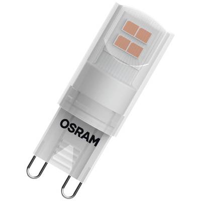 LED-lučka z vtičnico G9 podjetja Osram, ki prikazuje štiri kvadratne LED-čipe na zgornji strani prozornega plastičnega ohišja.