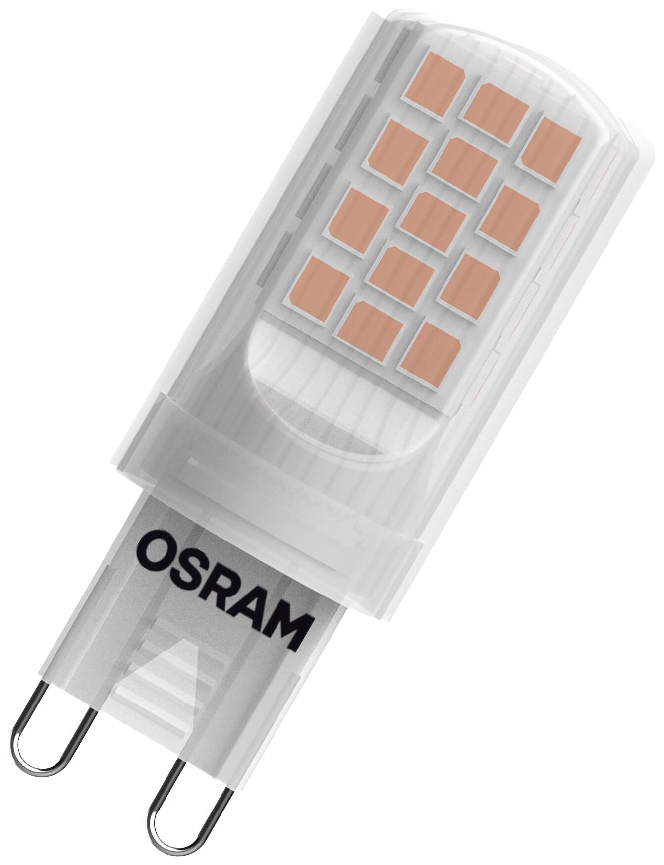 Bela LED-žarnica z vtičnico G9. Na vrhu so nameščeni številni pravokotni svetlobni elementi. Vtičnica je označena z napisom 'OSRAM'.