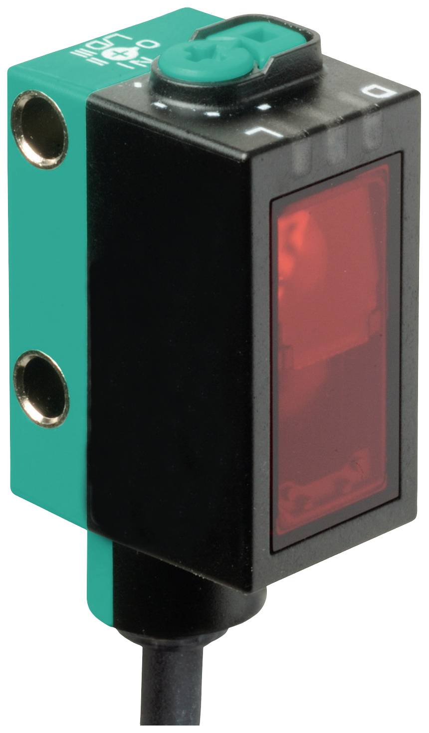 Induktivni bližinski senzor s pravokotnim ohišjem, zeleno in črno barvo, z dvema kovinskima priključkoma in rdečim opazovalnim okencem.