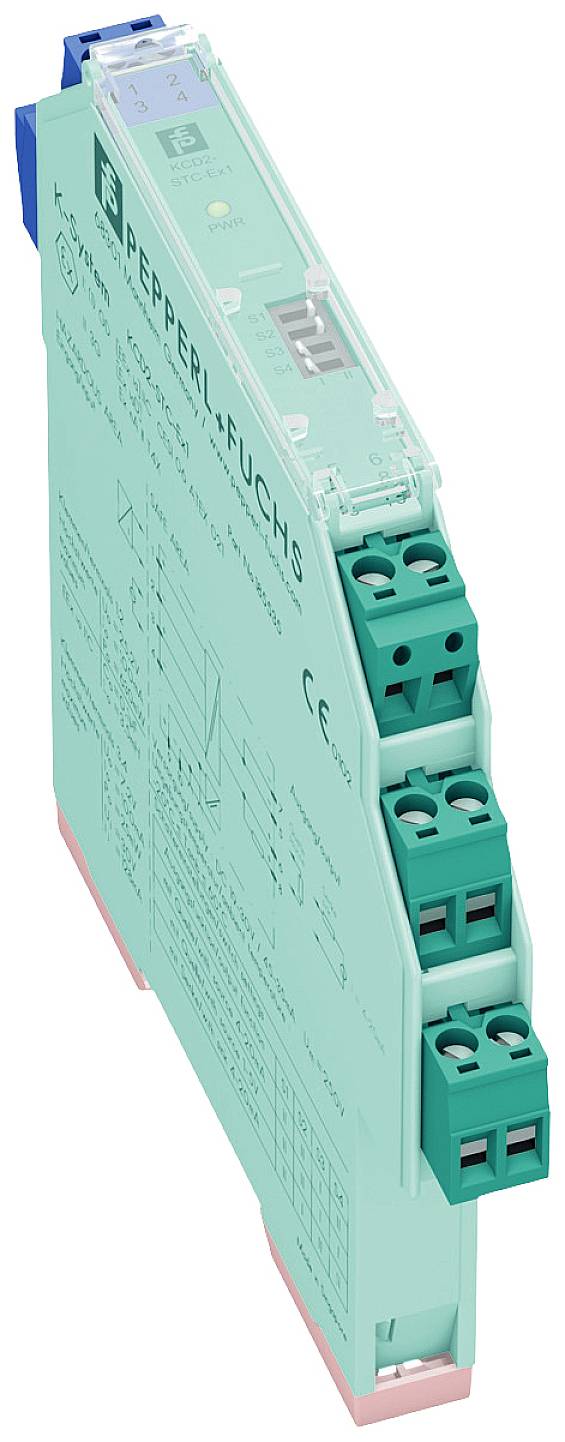 Modularni modul mint zelene barve podjetja Pepperl+Fuchs z oznakami in vijačnimi sponkami na sprednji strani.