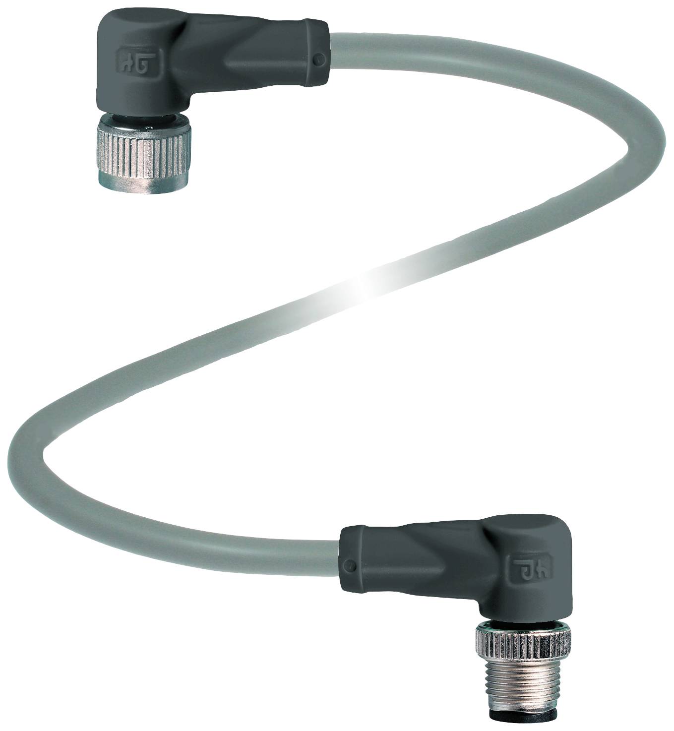 Sivo gibljivo kabel z dvema pravokotnikoma priključnikoma na konceh, ki imata kovinski navojni vijak.