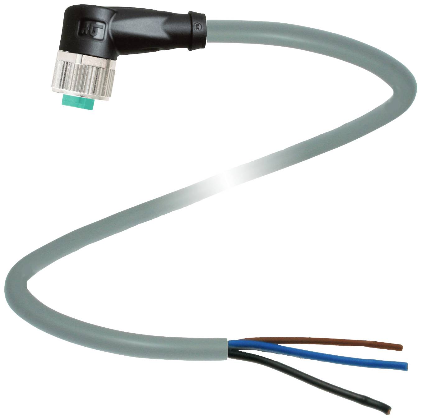 Sivo, vijugasto kabel z kotnim vtičem na eni strani in tremi prostimi žicami na drugi strani.