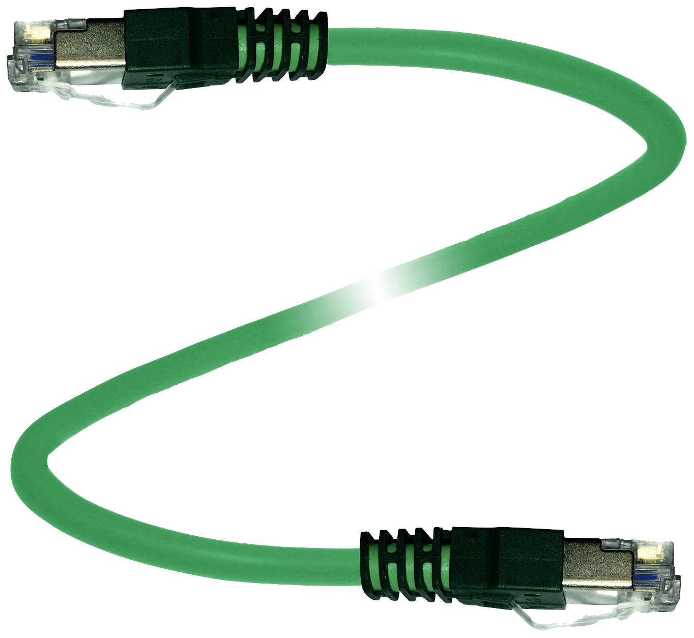 Zeleni mrežni kabel Ethernet z RJ45 priključkoma na obeh koncih, pred belim ozadjem.