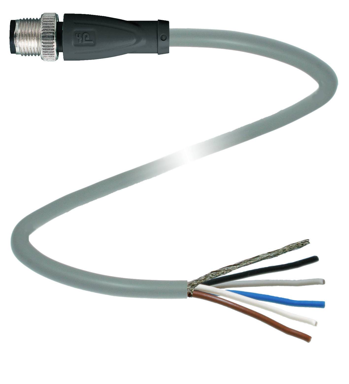 Sivo električno kabel s priključkom na eni strani in odprtimi barvnimi žicami na drugi strani za napeljavo.