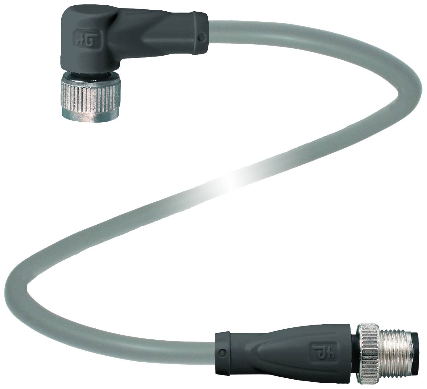 Ukrivljen siv kabel s kovinskim vtičema na obeh koncih, primeren za električno povezavo v tehničnih aplikacijah.