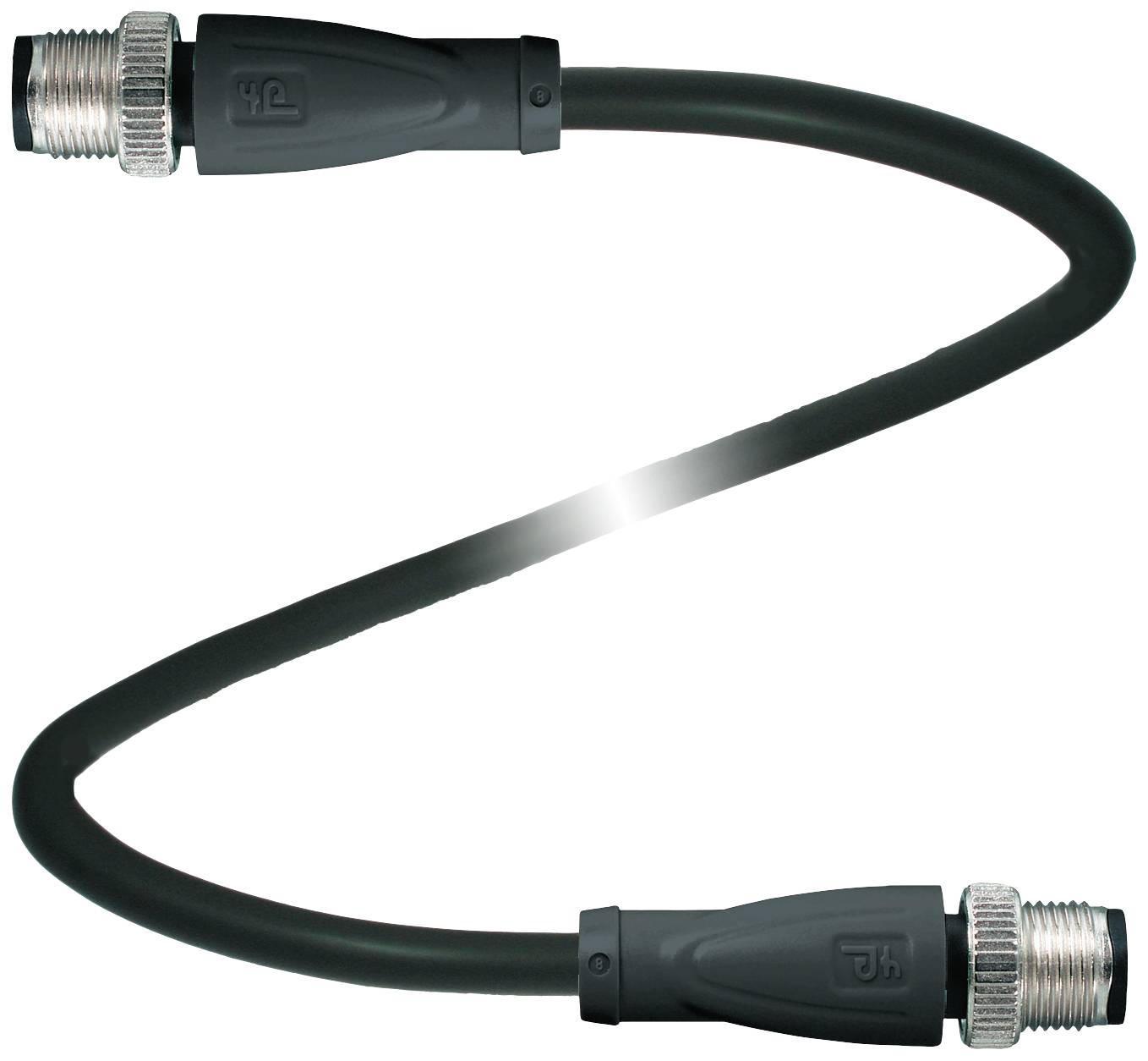 Črn vijugast kabel s kovinskimi priključki na obeh koncih, verjetno povezovalni kabel za tehnične ali električne naprave.