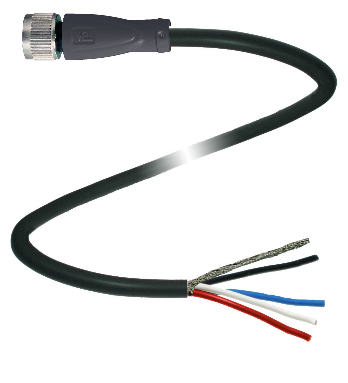 Črn kabel s kovinskim vtičem na enem koncu, odprti bakreni žici v rdeči, modri, beli in črni barvi na drugem koncu.