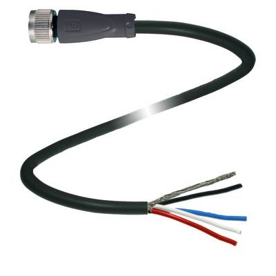 Črn kabel s kovinskim vtičem na enem koncu, odprti bakreni žici v rdeči, modri, beli in črni barvi na drugem koncu.
