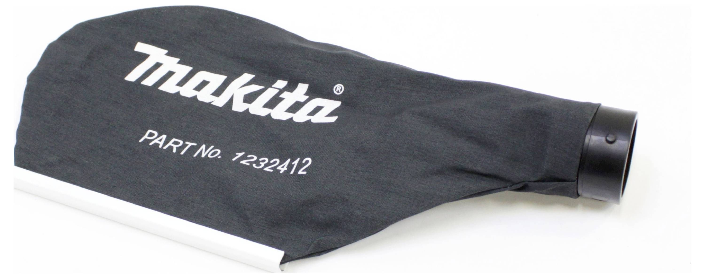 Črna vreča za prah z belim odtisom 'Makita' in številko dela 1232412. Namenjena je uporabi z električnim orodjem.