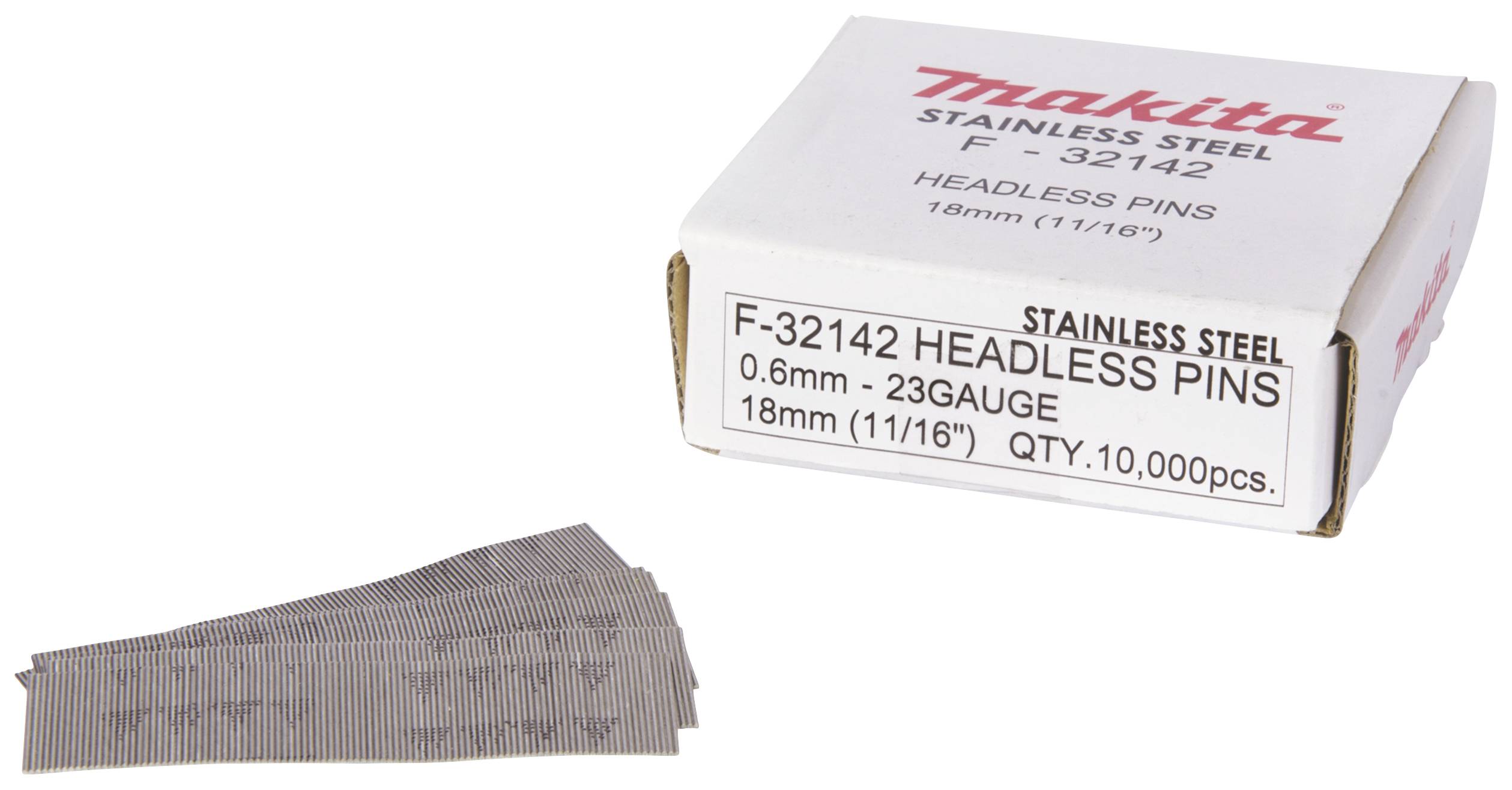 Škatla z 'Makita nerjavečih ravnih žebljev' F-32142, 0,6 mm, 23 Gauge, 18 mm dolgi, 10.000 kosov.