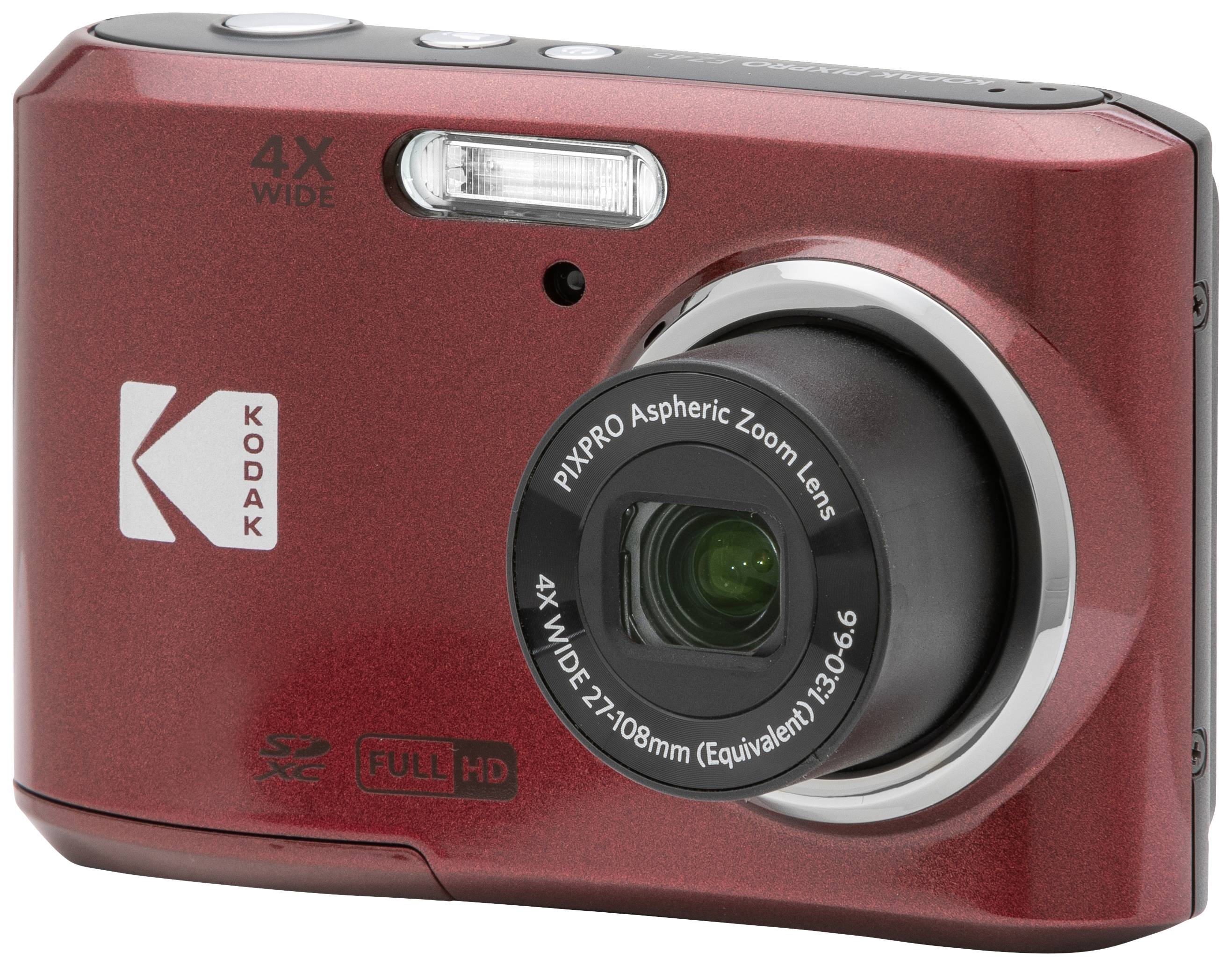 Rdeči digitalni fotoaparat s črnim objektivom in bliskavico, vidno blagovno znamko 'Kodak', primeren za SD-kartice in posnetke v Full HD ločljivosti.
