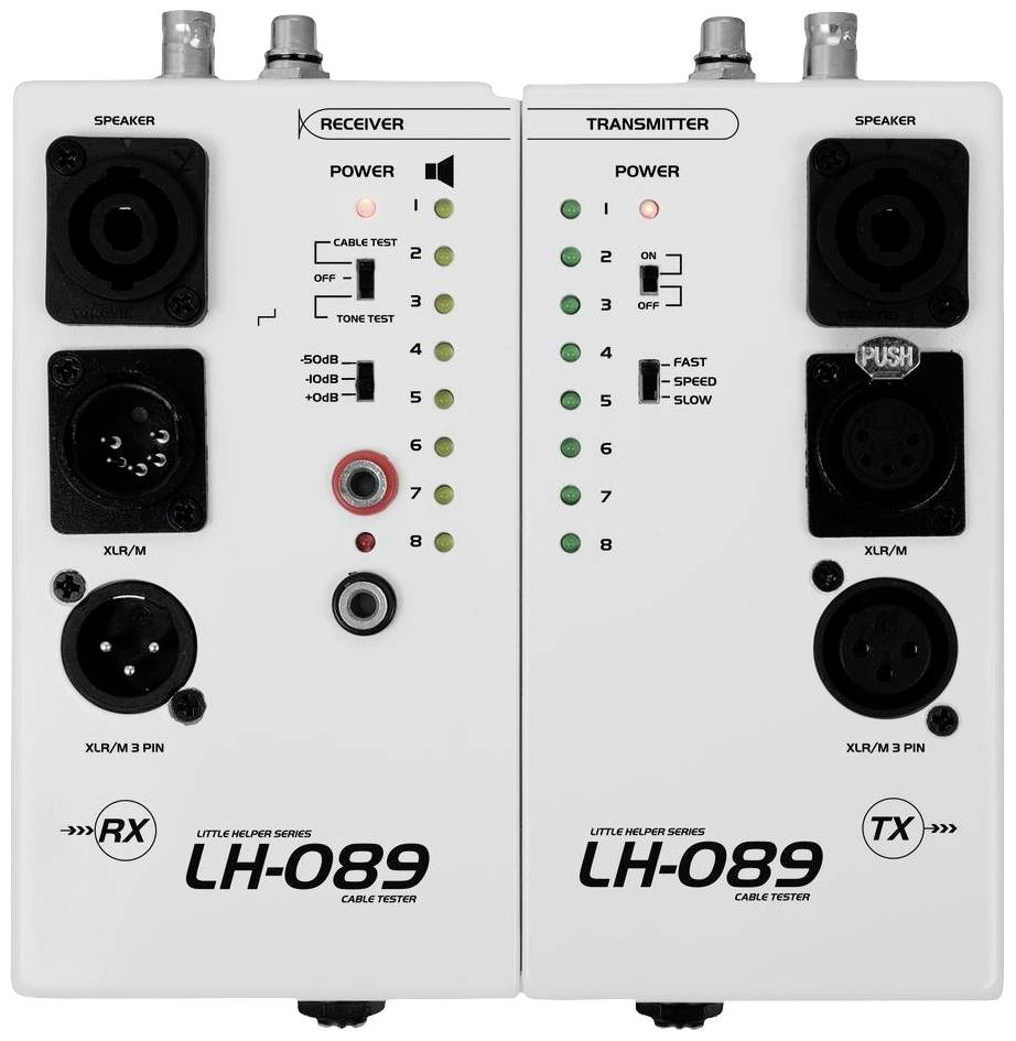 'LH-089' kabelski tester s pošiljalno in sprejemno enoto. Prikazuje status povezave in signala prek LED indikatorjev za različne načine delovanja.