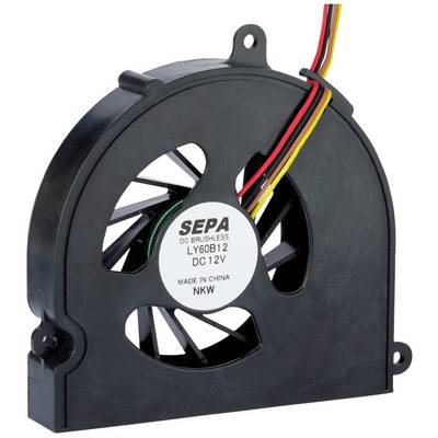 Črn DC-ventilator z okroglim rotorjem, model LYB0612, napetost DC12V, izdelan na Kitajskem. Kabli v rdeči, rumeni in črni barvi.