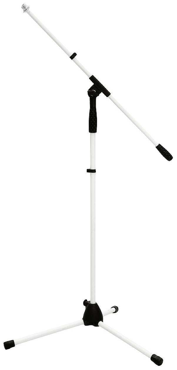 Bel, nastavljiv mikrofinski stojalo s tremi nogami na beli podlagi.
