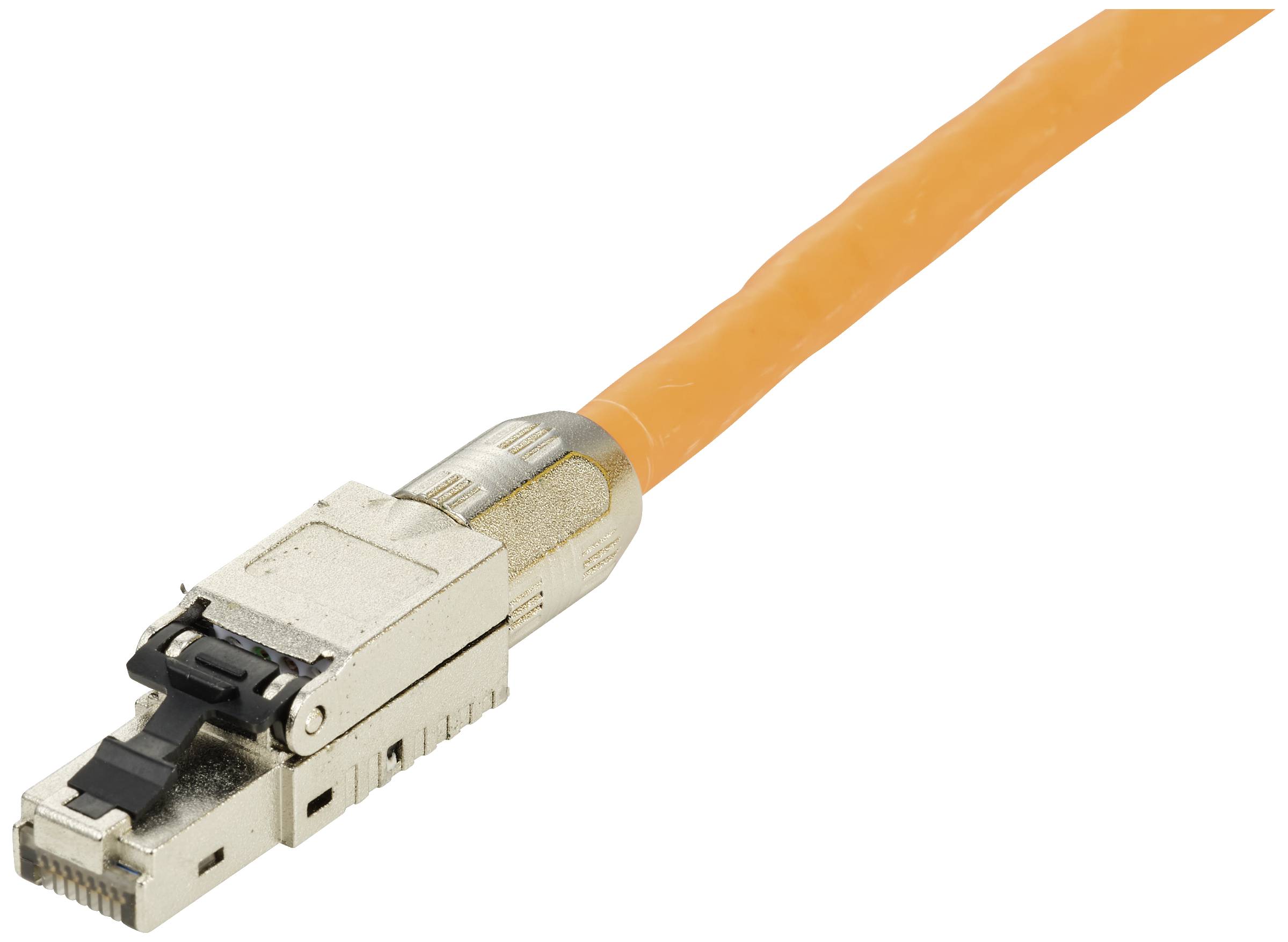 Oranžni omrežni kabel z kovinskim vtičem na koncu, primeren za podatkovno povezavo.