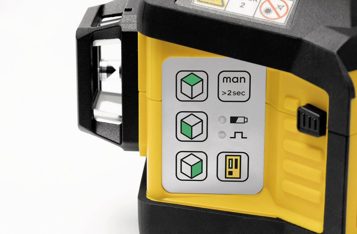 Upravljalna plošča laserskega merilnika z piktogrami za različne načine delovanja in navodili za uporabo. Stikala na strani.