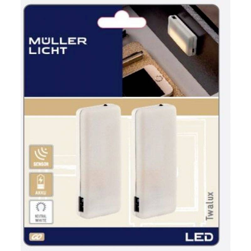 'LED senzorska svetilka znamke Muller Licht, dekorativna notranja razsvetljava. Vsebuje dve polnljivi akumulatorski svetilki, nevtralno bele barve.'
