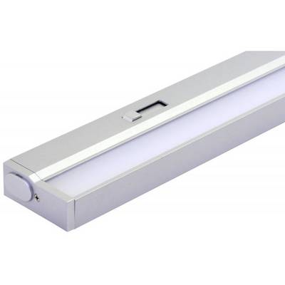 Podolgovata LED-svetilka s srebrnim ohišjem in stikalom, primerna za montažo pod omarice.