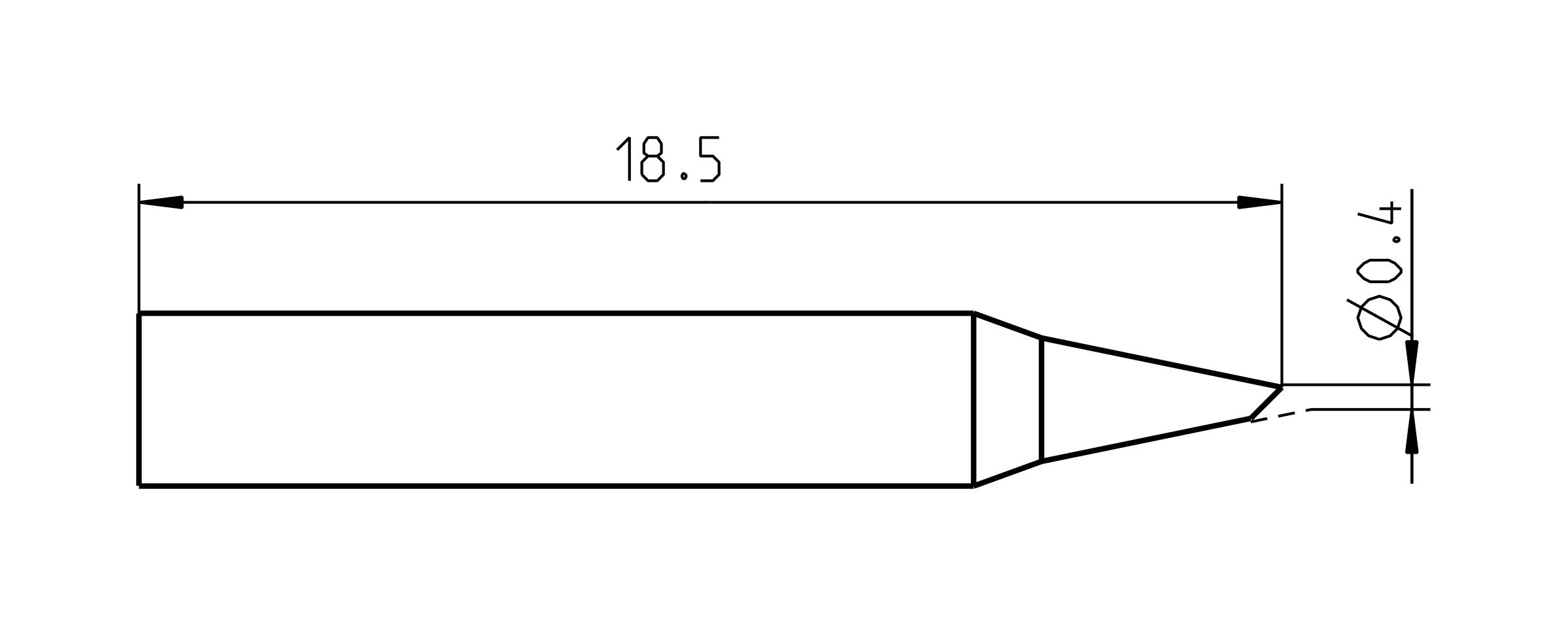 Diagram konice spajkalnika z merami: dolžina 18,5 mm, premer konice 0,4 mm.