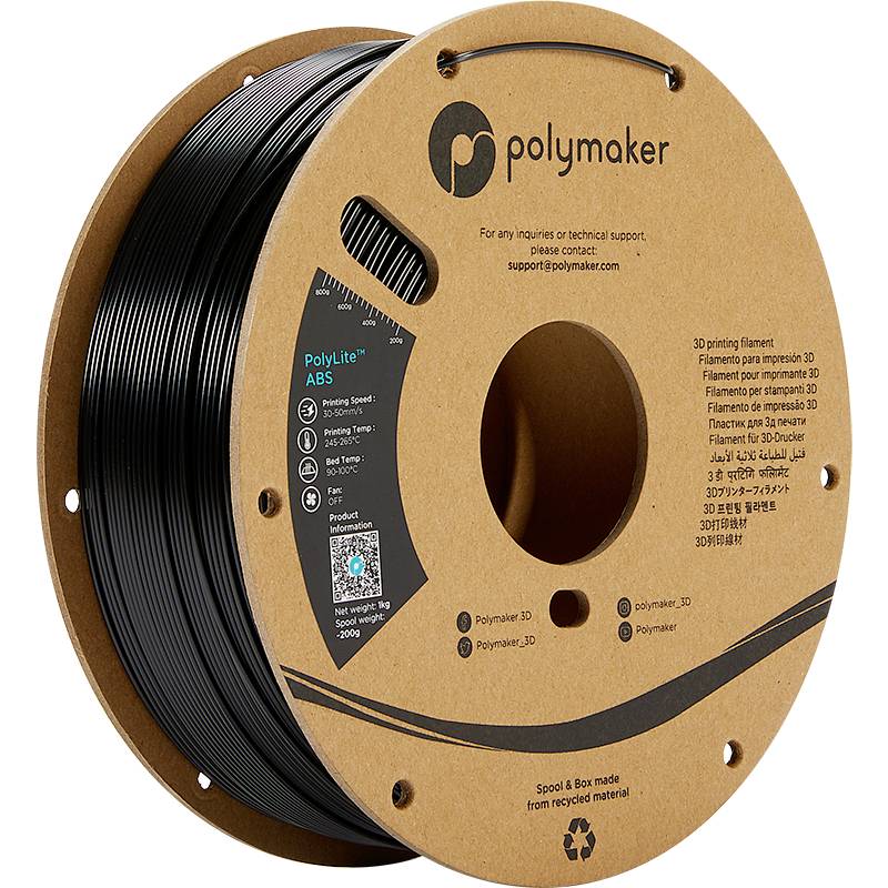 Črna 3D-tiskovna kartuša podjetja Polymaker, material ABS, navita na kartonsko tuljavo. Embalaža iz recikliranega materiala.