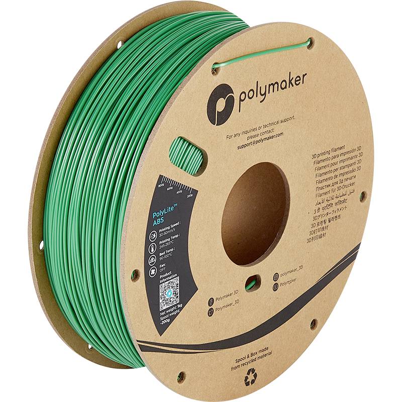 Zelena tuljava 3D-tiskalnega filamenta znamke Polymaker, primerna za tiskanje z ABS. Embalaža je izdelana iz recikliranega kartona.