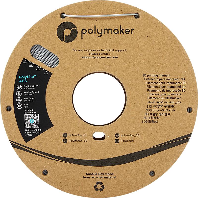 Kolut 3D-tiskalnega filamenta podjetja Polymaker. Vsebuje informacije o tipu filamenta 'PolyLite ABS' in kontaktni naslov.