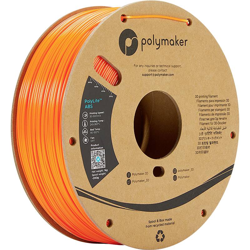 Kolut oranžnega 3D-tiskalnega filamenta znamke Polymaker, iz serije PolyLite ABS, prepoznaven po napisih o materialih in lastnostih.