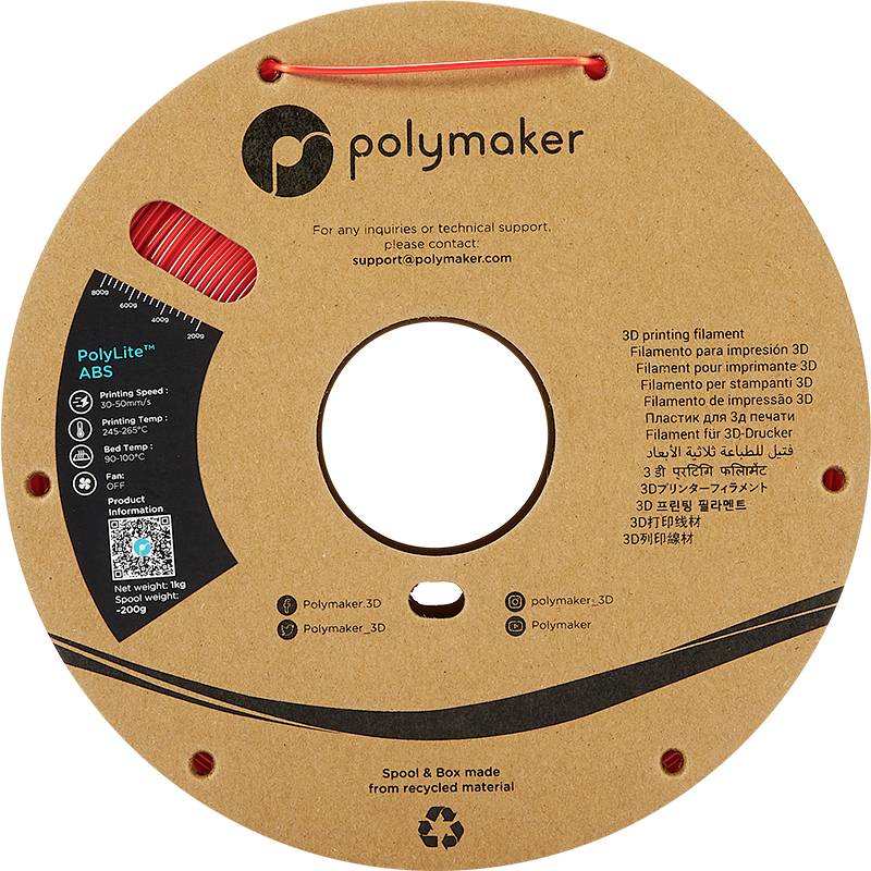 Kartonska tuljava z rdečim 3D-tiskalnim filamentom znamke 'Polymaker', obdana z večjezičnimi opisi in simbolom za recikliranje.