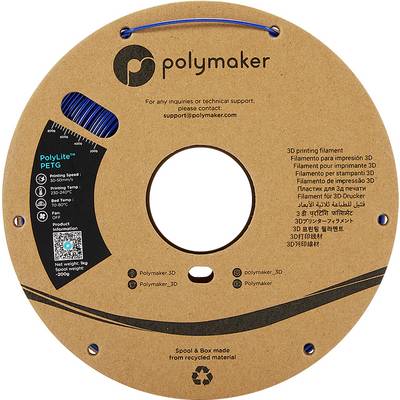 Kolut s 3D-tiskalnim filamentom znamke Polymaker. Napisi: 'PolyLite PETG', teža 1000g, primeren za različne tiskalne aplikacije.