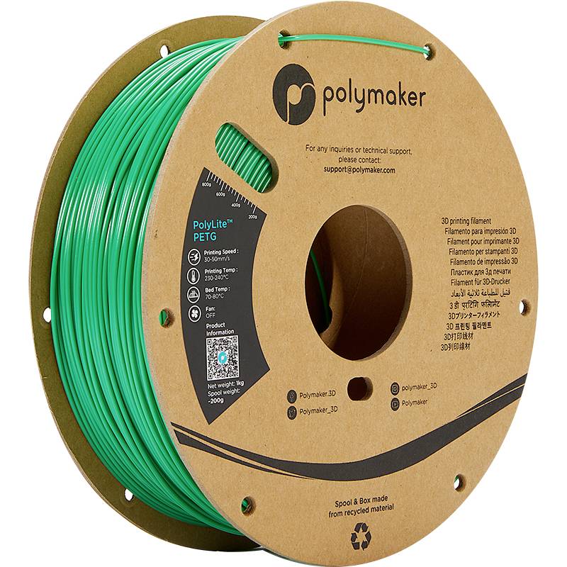 Zvoj zelene 3D tiskalniške žice znamke Polymaker, tipa PolyLite PETG, na kartonski tulcu z informacijami o parametrih tiskanja.