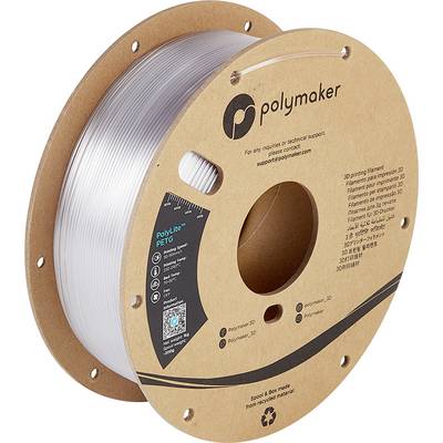 Kolut prozornega 3D-tiskalnega filamenta znamke 'Polymaker', tipa PETG. Na embalaži sta vidna QR-koda in podatki o znamki.