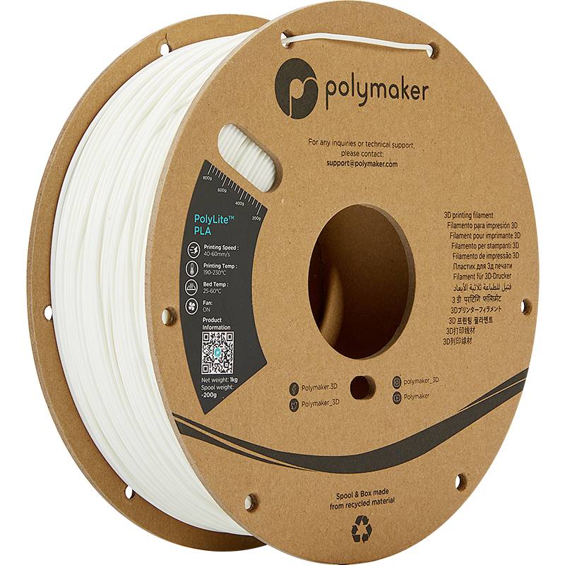 Filament tuljava Polymaker, PolyLite PLA, 1,75 mm, 1 kg, bela. Podrobnosti o temperaturi in hitrosti tiska na etiketi.