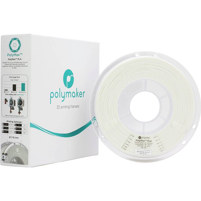 Embalaža za kolut filamenta 3D-tiskalnika Polymaker. Prikazuje blagovno znamko in materiale, primerne za 3D-tiskalne projekte.
