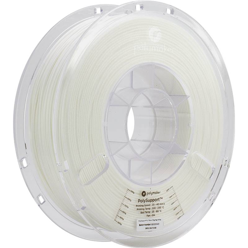 Bela tuljava s podpornim 3D-tiskalnim materialom PolySupport podjetja Polymaker, primerna za tiskanje pri temperaturah med 220 in 240 °C.